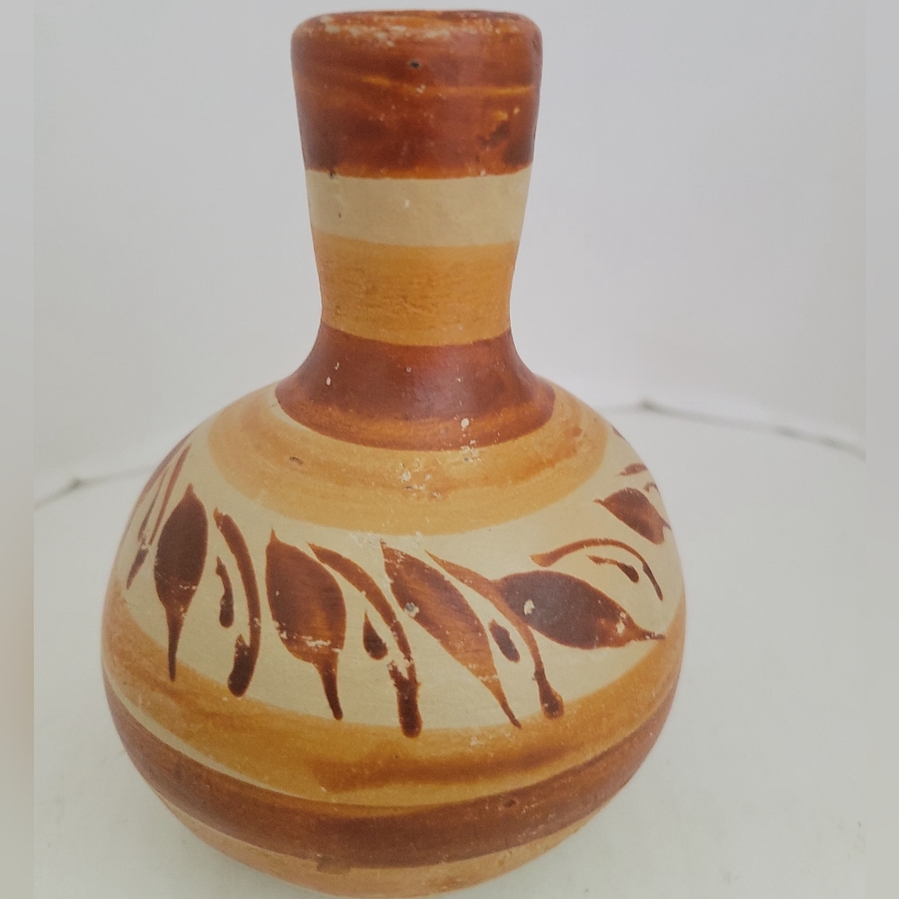 Vintage Mexican Southwestern Folk Art Handmade Hand Painted Terracotta Vase